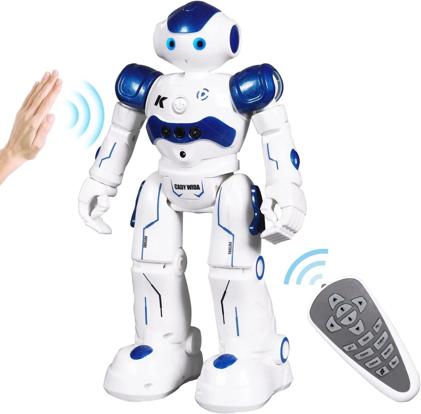 RC robot toy with gesture control and smart moves for kids shown with its remote control.