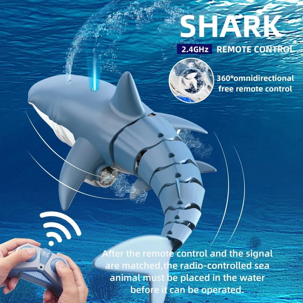 Smart RC Shark and Whale spray water toy with remote control for pool play, bath time, and outdoor summer fun.
