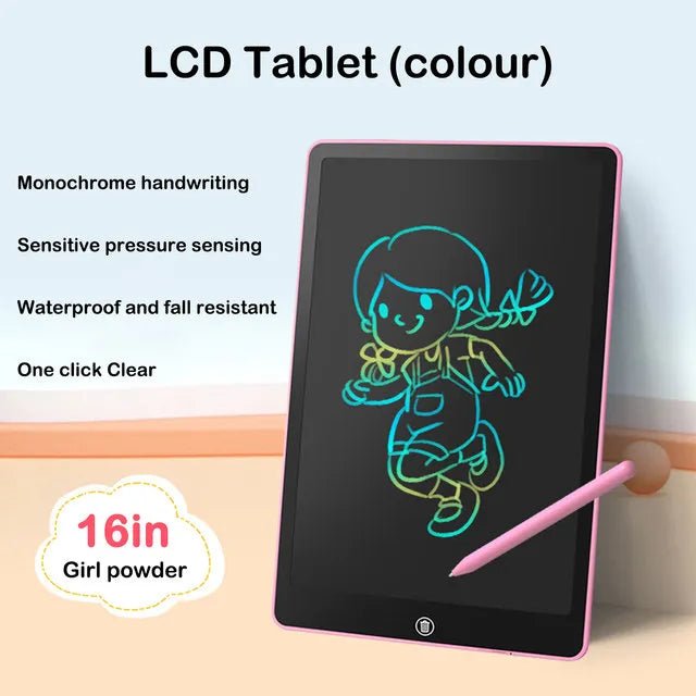 16-inch LCD tablet with a pink frame and stylus, displaying a drawing of a girl with a flower.