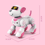 White and pink robot dog toy with dimensions.