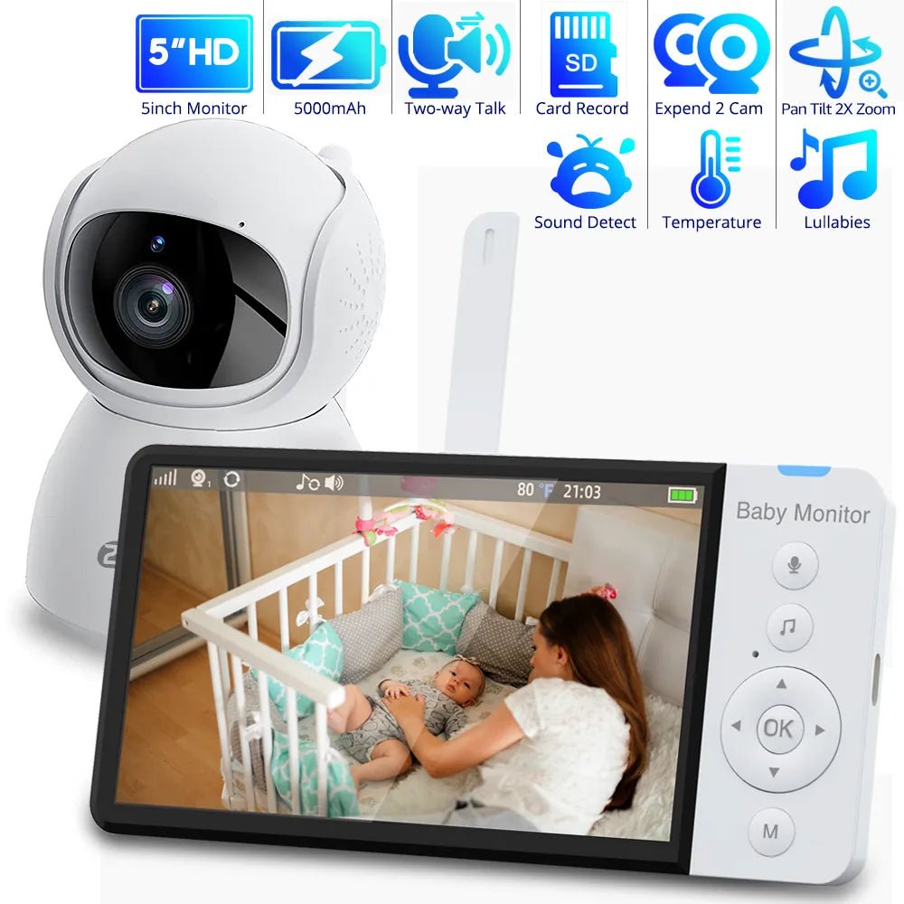 Baby monitor with screen displaying a woman and baby in a crib, featuring various functions 
