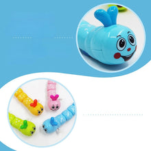 Collage of a blue smiling wind-up caterpillar close-up and four colored caterpillars on a blue background