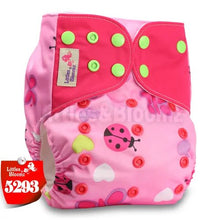 Pink baby diaper with ladybug pattern and 'Little Bloomz' branding (option 3)