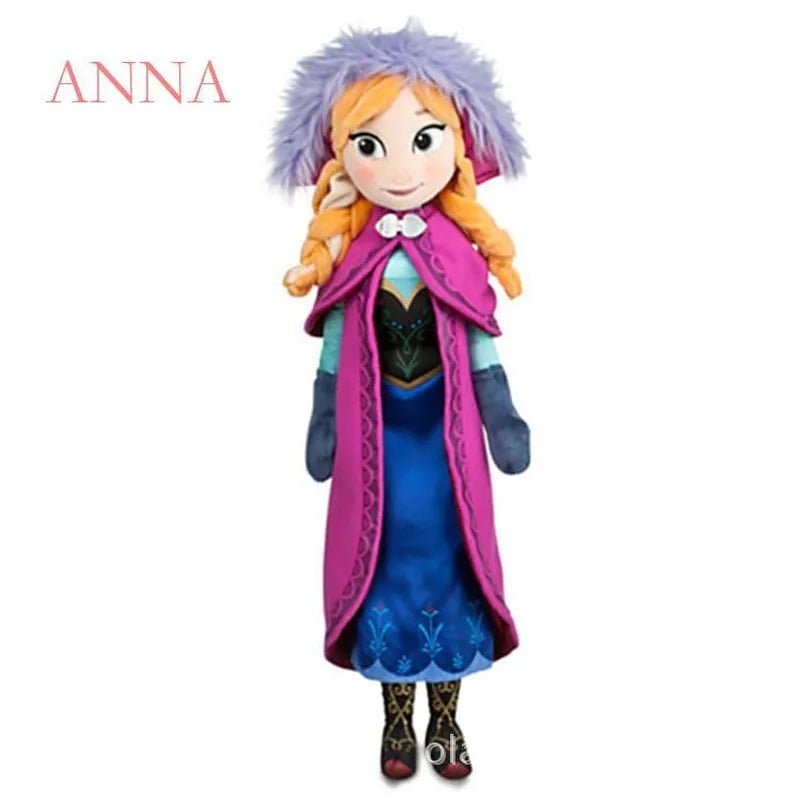 Plush toy of a character from 'Frozen' with purple hair and a pink coat.