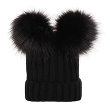 Black knit beanie with large black fur pom-poms (option 3)