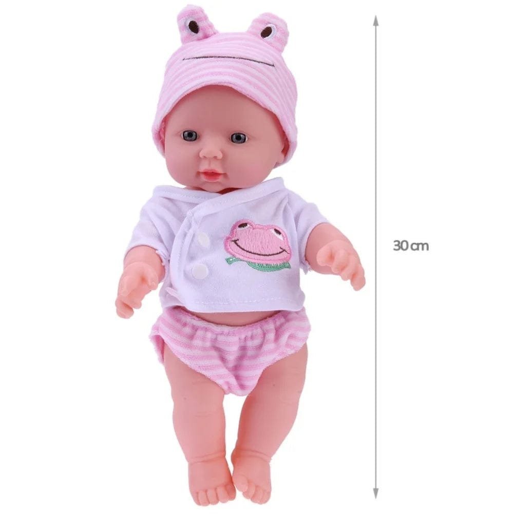 Snuggly Soft Reborn Baby Doll in pink outfit and hat with size label for choosing the right doll to gift.