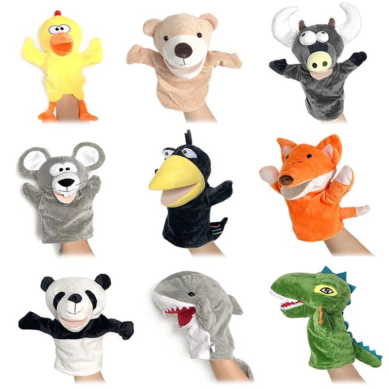Set of animal hand puppets including a duck, bear, bull, mouse, crow, fox, panda, shark, and dinosaur.