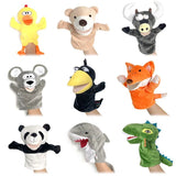 Set of animal hand puppets including a duck, bear, bull, mouse, crow, fox, panda, shark, and dinosaur.