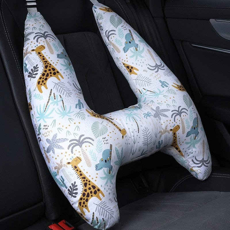 Car pillow with giraffe pattern on a car seat