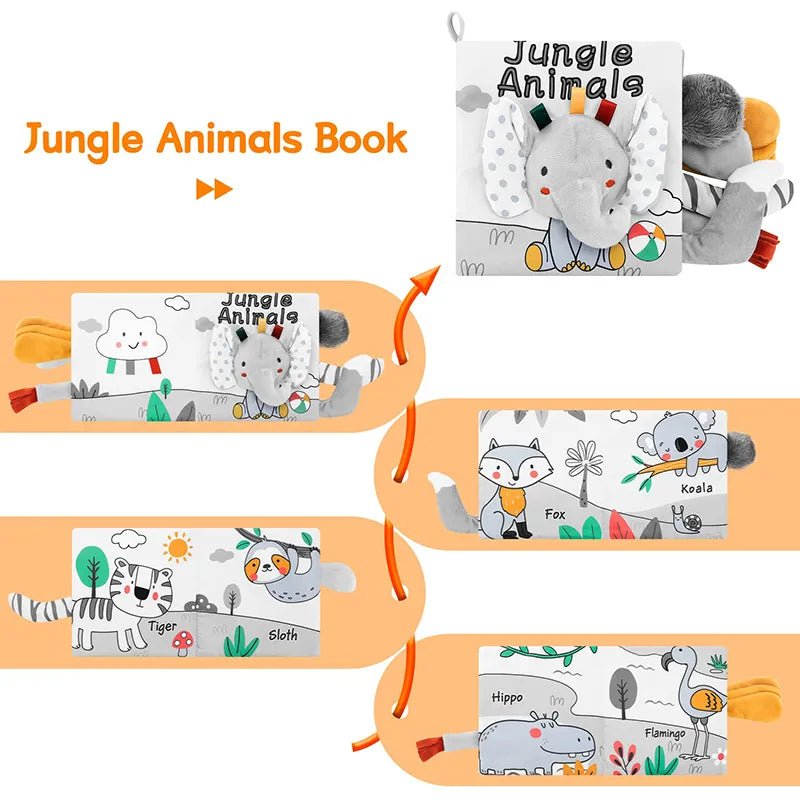 3D Soft Baby Cloth Book Jungle Animals theme high contrast sensory toy for newborn gifting and baby showers.