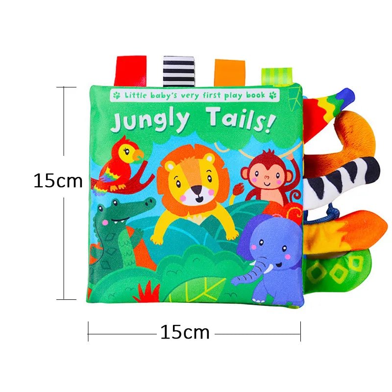 3D Soft Baby Cloth Book Jungly Tails theme high contrast sensory toy for quiet-time independent play.