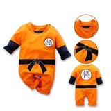 Orange baby romper with black details and a symbol, shown with close-up insets.