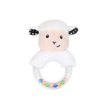 Plush lamb rattle with colorful beads.