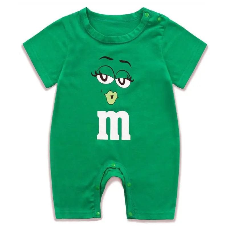 Green baby romper with M&M character design
