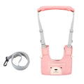 Pink baby harness with bear face design and gray leash 