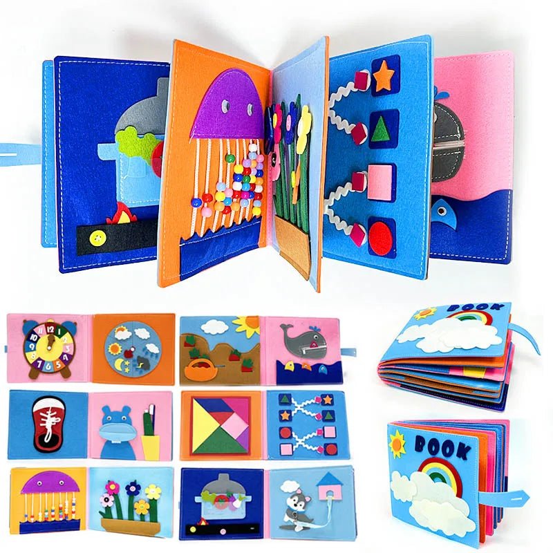 Colorful children's soft book with various educational elements on a white background