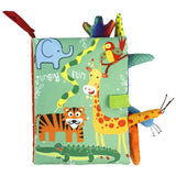 Children's soft book with jungle-themed illustrations and toys on a white background