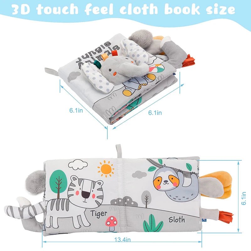 Soft cloth baby book with grey animal illustrations and dimensions for choosing a pram-friendly size.