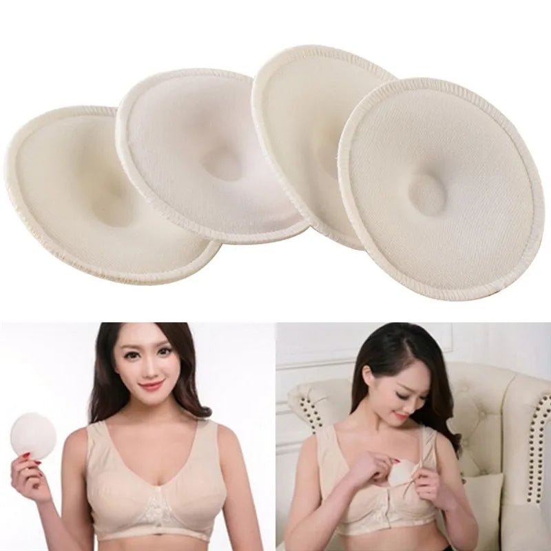Soft cotton nursing pads worn with beige bras by two women in a living room, absorbent pads for nursing moms.