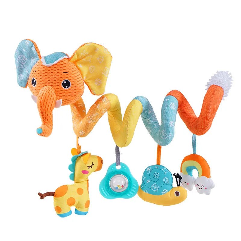 Soft fox spiral toy with elephant-shaped hanging elements for infant car seat and stroller use.