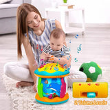 Woman and child playing with a colorful toy on a carpeted floor.