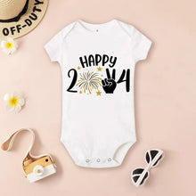 White baby onesie with 'Happy 2024' print (option 6)