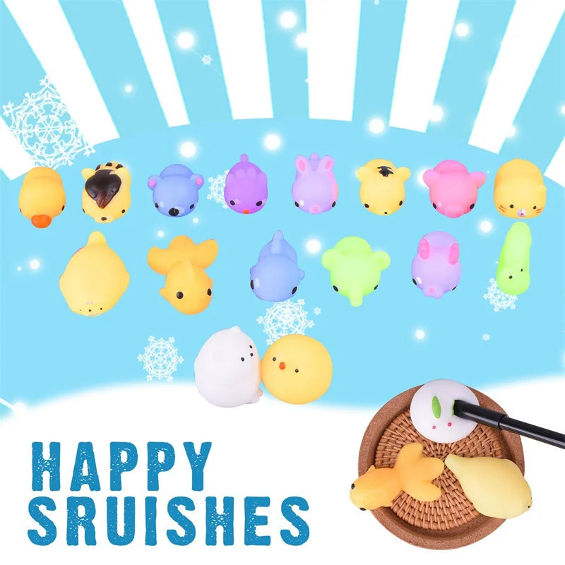 Set of colorful squishy toys with 'Happy Sruishes' branding.