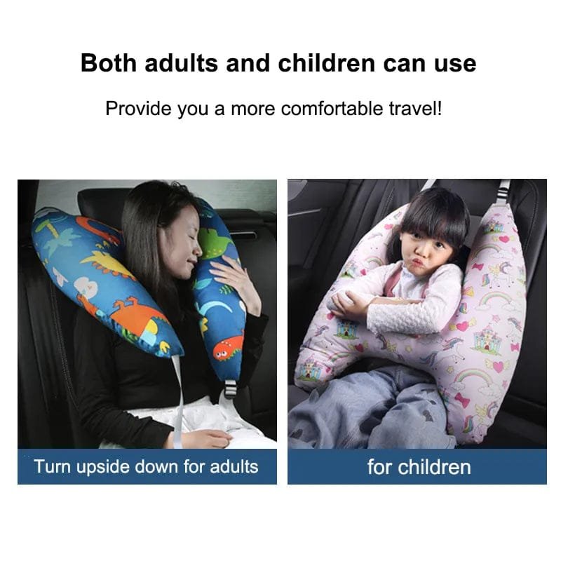 Two images showing a neck pillow for adults and a baby seat for children in a car.