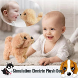 Child playing with a simulation electric plush dog toy, with close-up insets of the toy and baby's face.