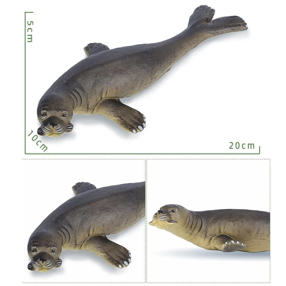 Large Soft Rubber Sea Life Figure seal model shown with measurements for classroom learning.