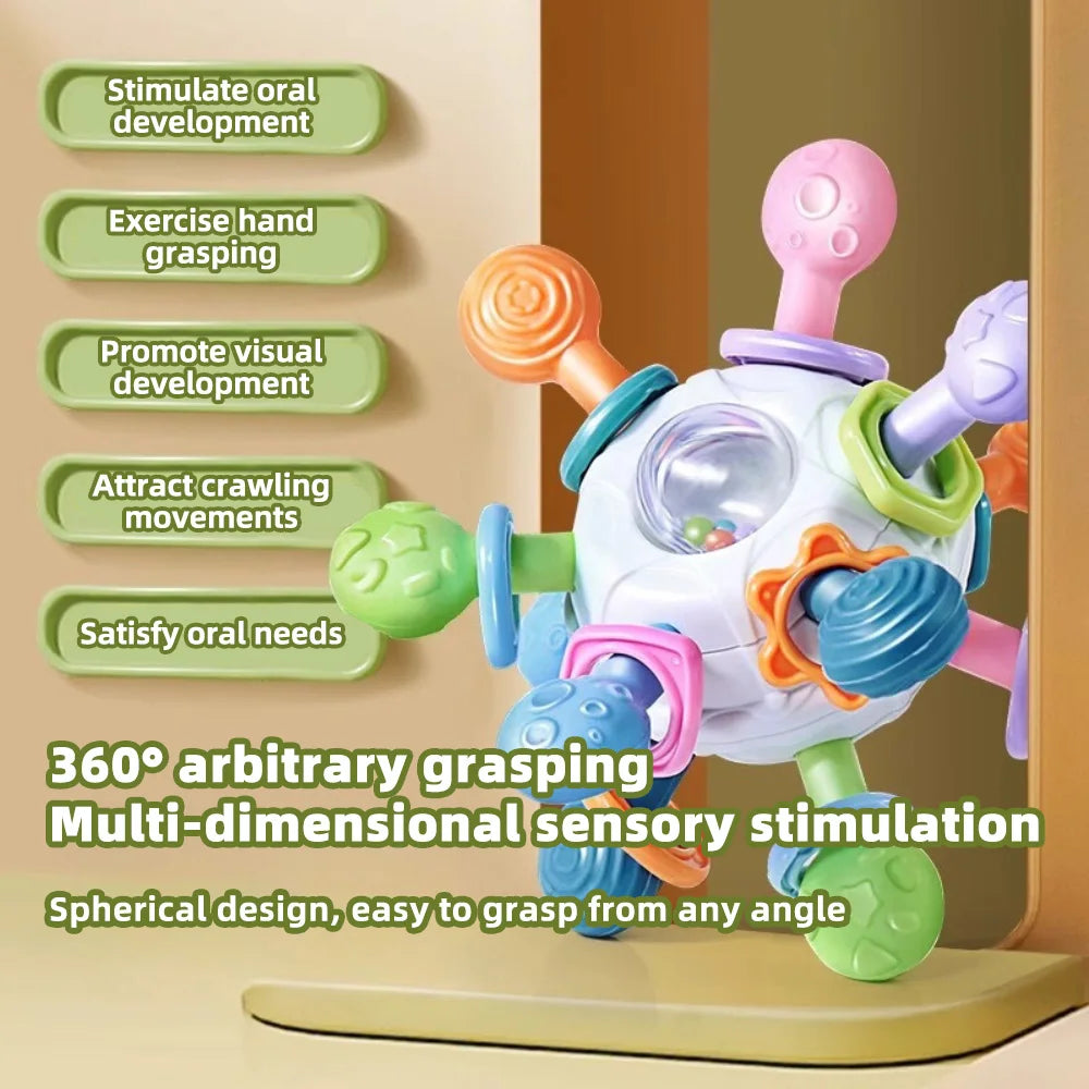 White knobbed ball with a list of features and a note about 360 degree grasping
