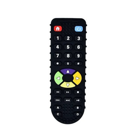 Black remote control with colorful buttons.