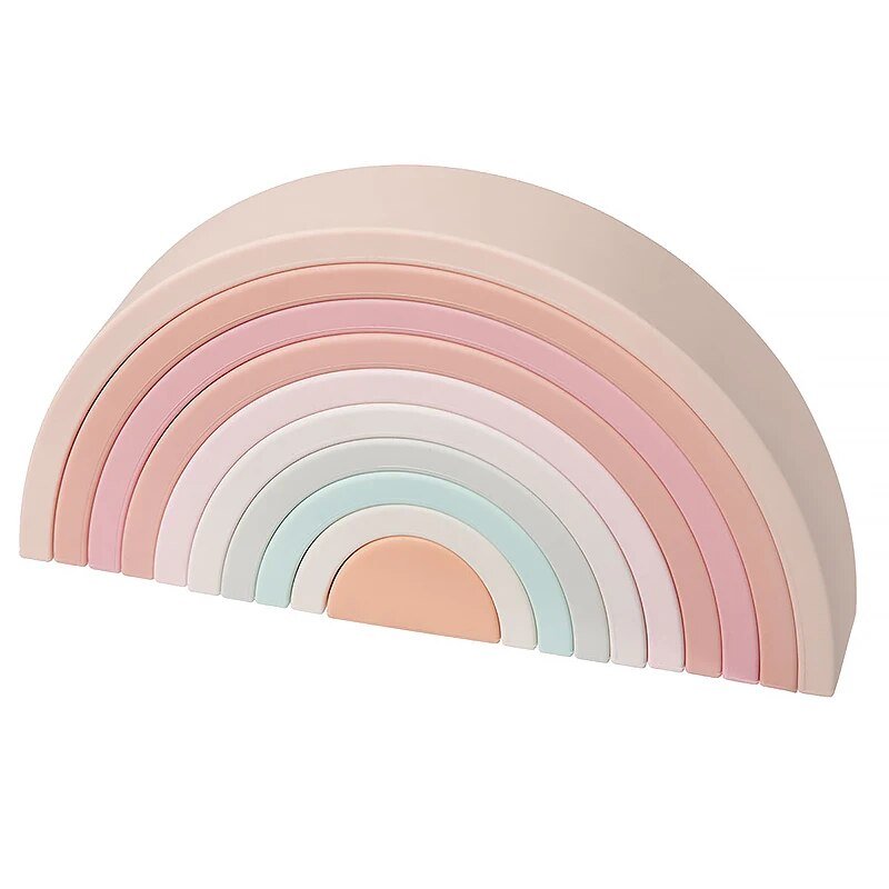Soft Silicone Rainbow Blocks Montessori set for tower building, knock-down fun, and hands-on toddler learning.