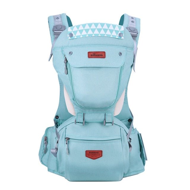 Light blue baby carrier with visible brand logo