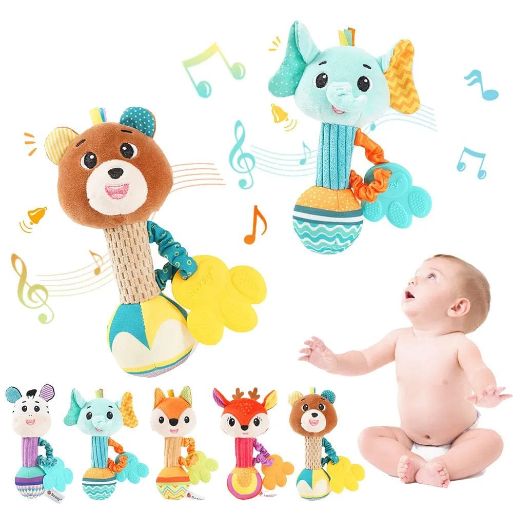 Soft stuffed animal rattle set with a baby reaching for the plush toys during sensory play and tummy time.