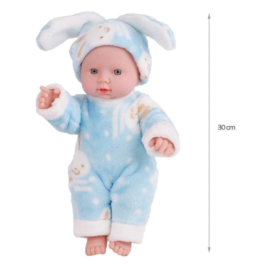 Soft Touch Reborn Baby Doll in a blue bunny ears outfit for imaginative play and nursery role play.