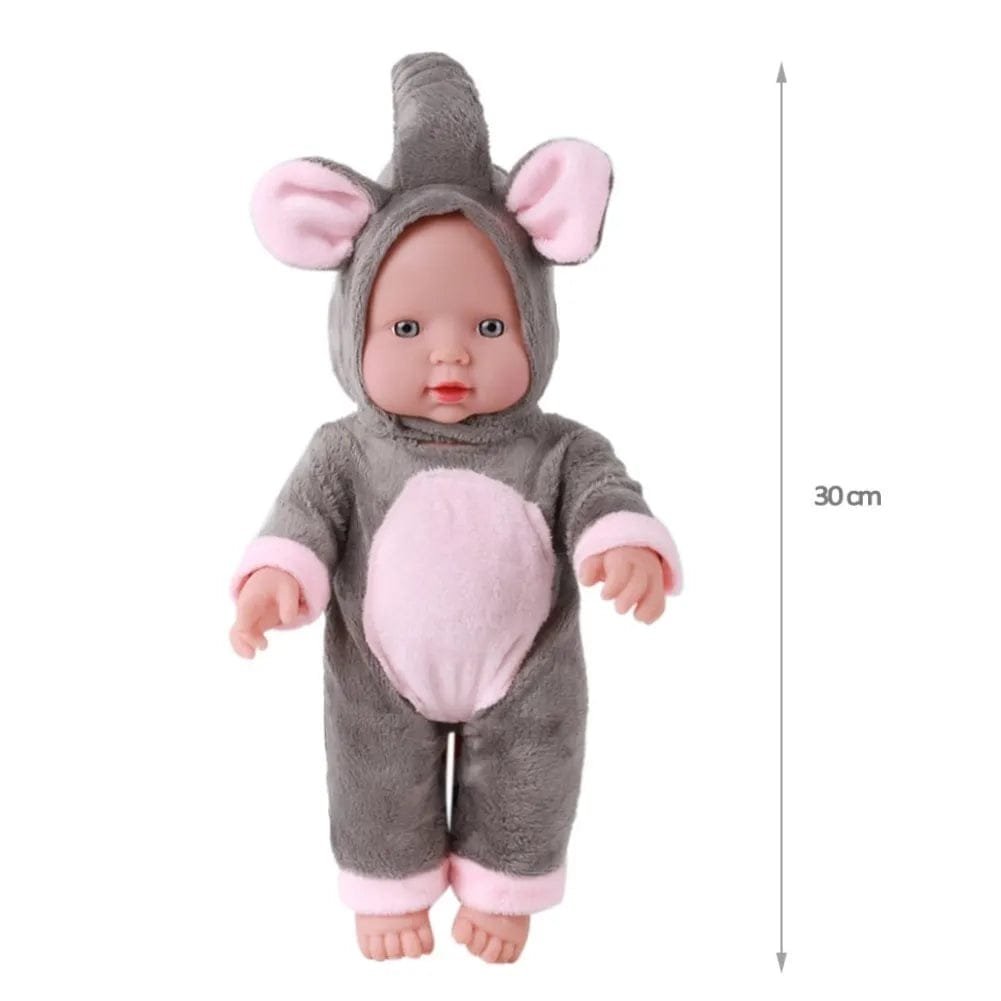 Soft Touch Reborn Baby Doll in a mouse costume with size label, ready for dress-up and pretend play.