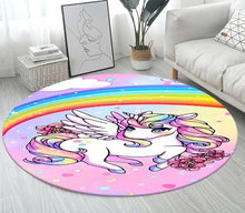 Soft unicorn 3D round area rug with colourful print for kids bedrooms, keeping floors warm during play.
