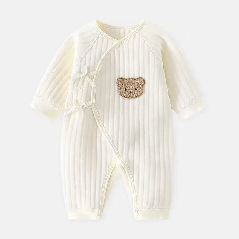 Soft white Thickened Cotton Bodysuit romper detail with bear applique for newborn gifting and daily comfort.