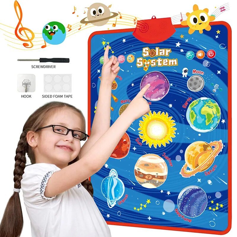 Child interacting with a solar system-themed educational wall chart