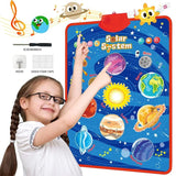 Child interacting with a solar system-themed educational chart