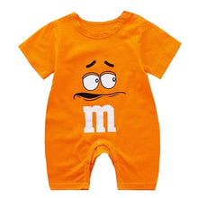 Solid Summer Romper Short Sleeve Pajama Bodysuit for Infants in orange shown close up to check the face print before buying.