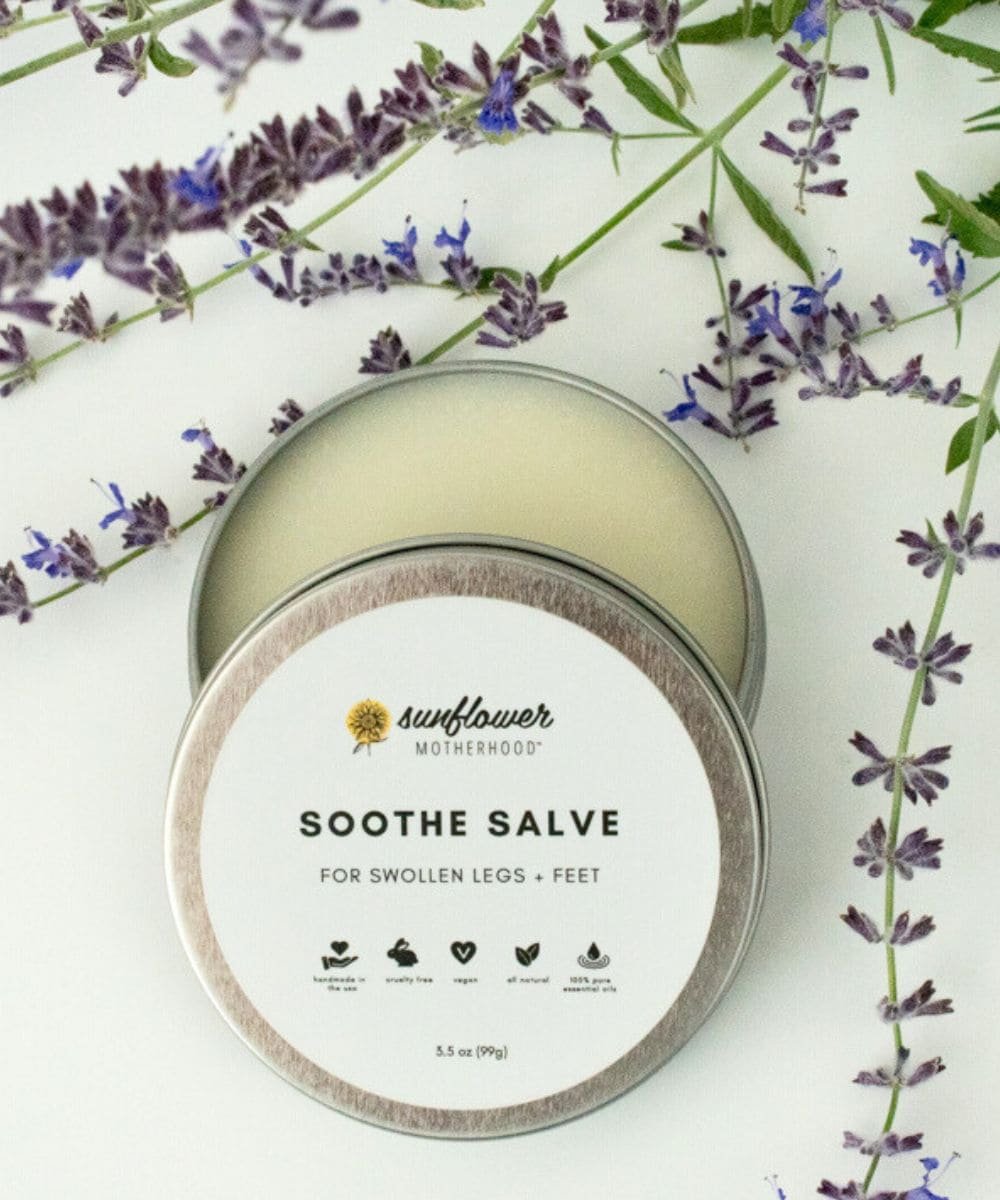 Soothe Salve container with lavender flowers