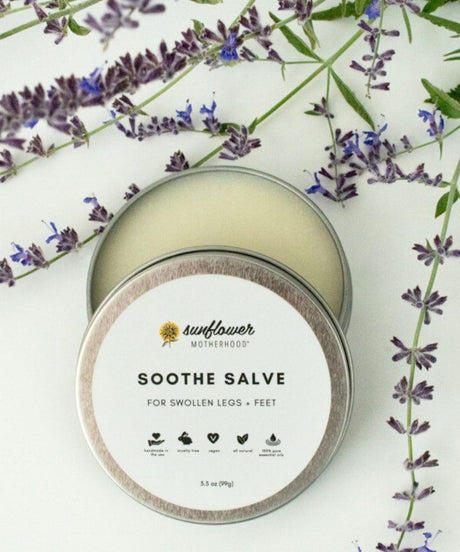 Soothe Salve container with lavender flowers