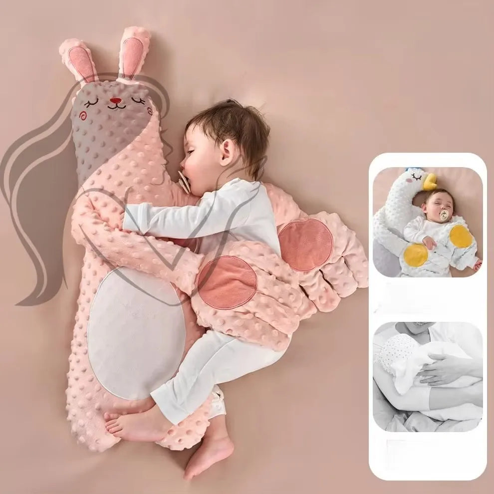 Baby lying against a pink rabbit pillow with long arms, with two small inset photos