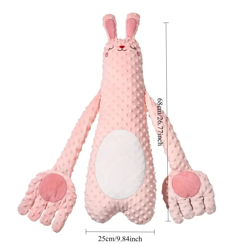 Pink rabbit plush pillow with size markers of 68 cm tall and 25 cm across the palms