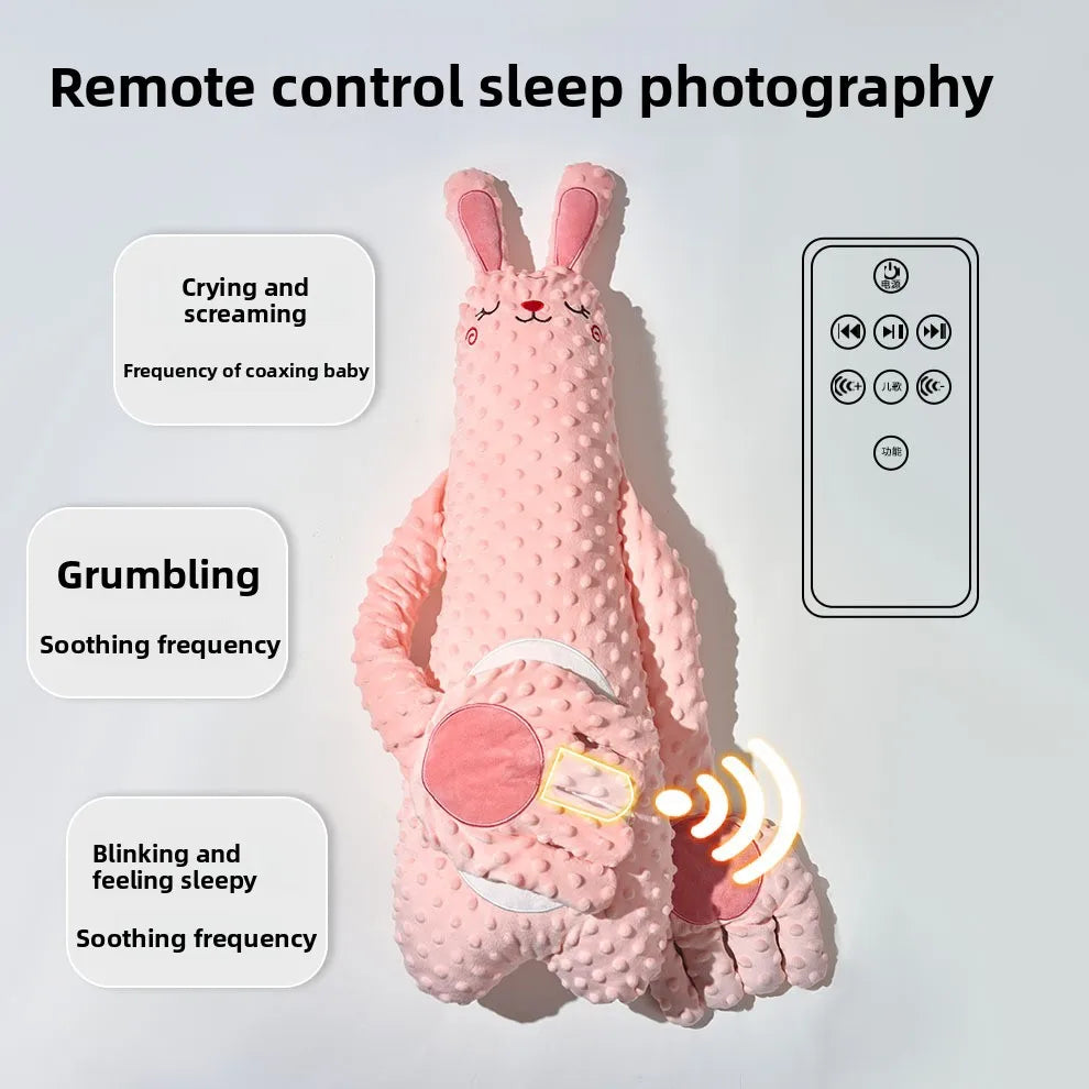 Pink rabbit plush pillow with a remote control and three labeled patting frequencies