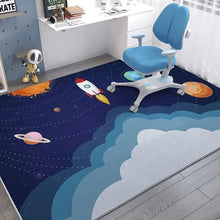 Children's room with a space-themed rug, chair, and toys.