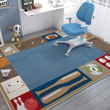 Children's room with a blue office chair on a sports-themed rug