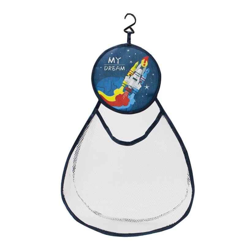 Space-themed baby bib displayed on a hanger for easy feeding time storage.